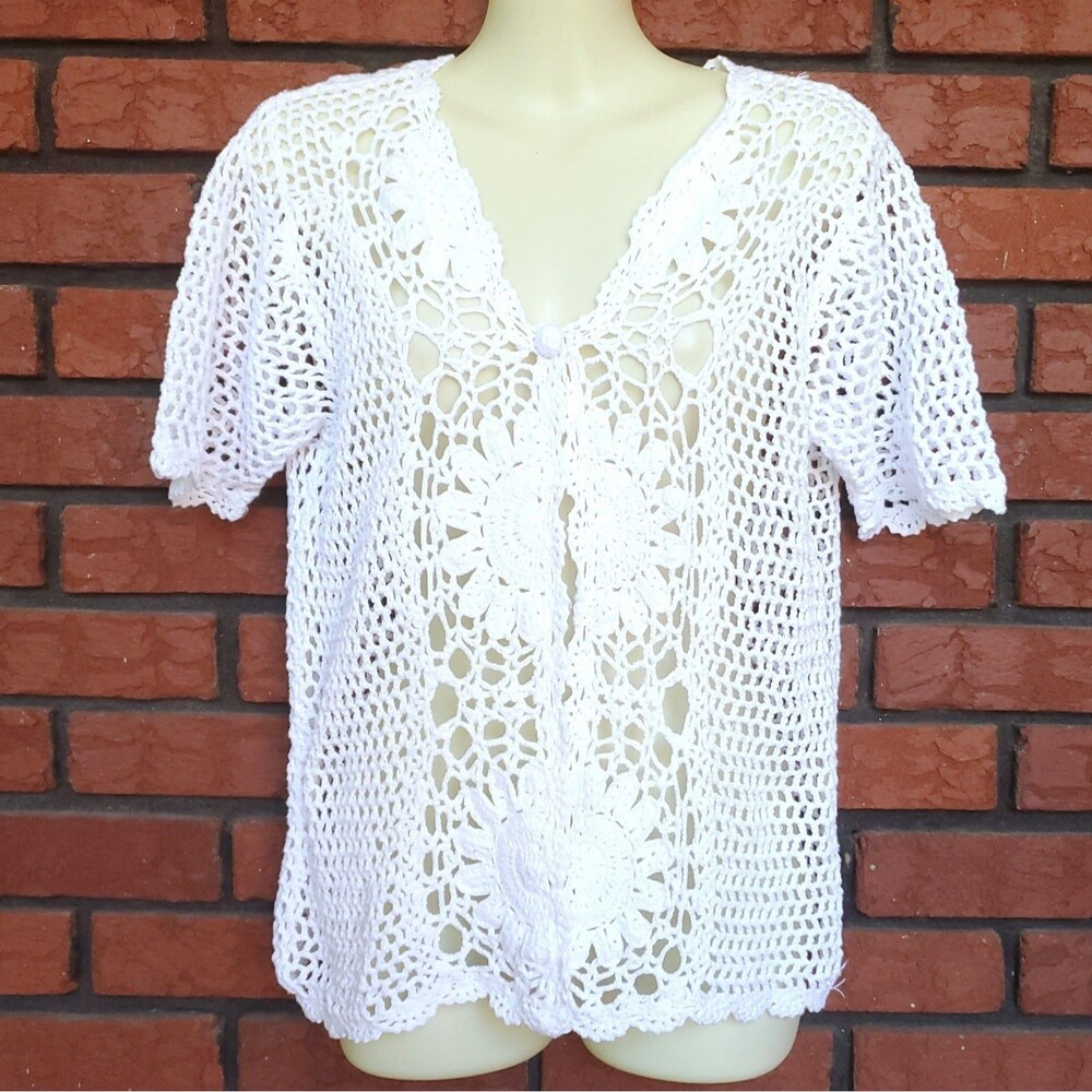 Vintage Crochet Cardigan Sz M White 100% Cotton Short Sleeve Sweater Cottagecore